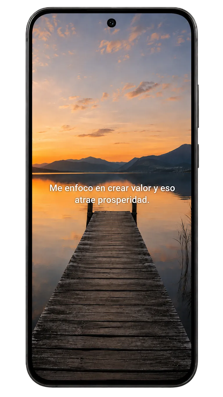 Vista previa de la app con una afirmacion de prosperidad en un movil